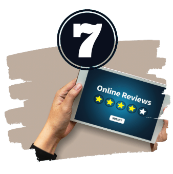 Hands holding a tablet that says "online reviews" with 4 out of 5 stars selected.